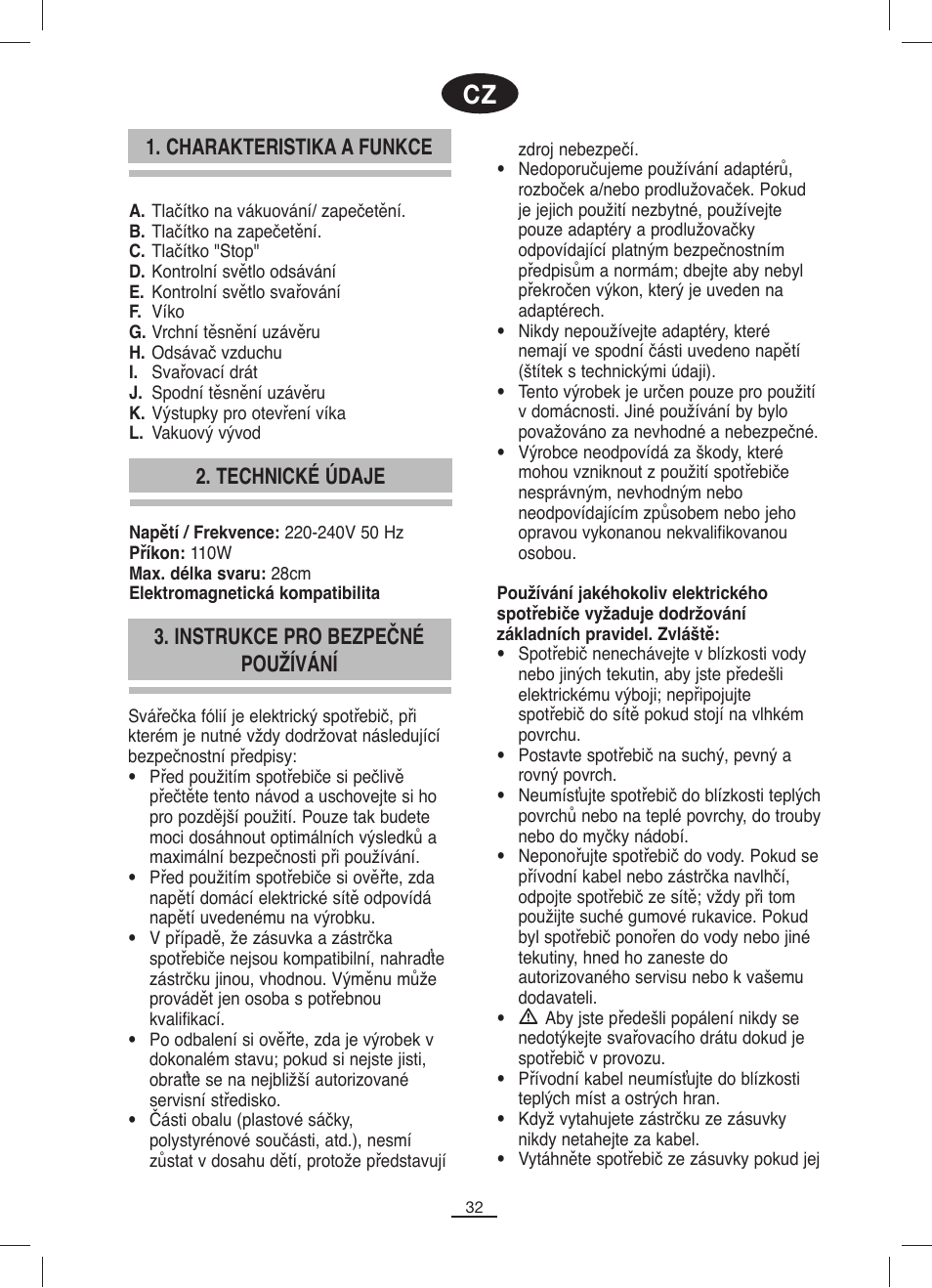 Charakteristika a funkce, Technické údaje, Instrukce pro bezpečné používání | Fagor MV-200 User Manual | Page 33 / 70