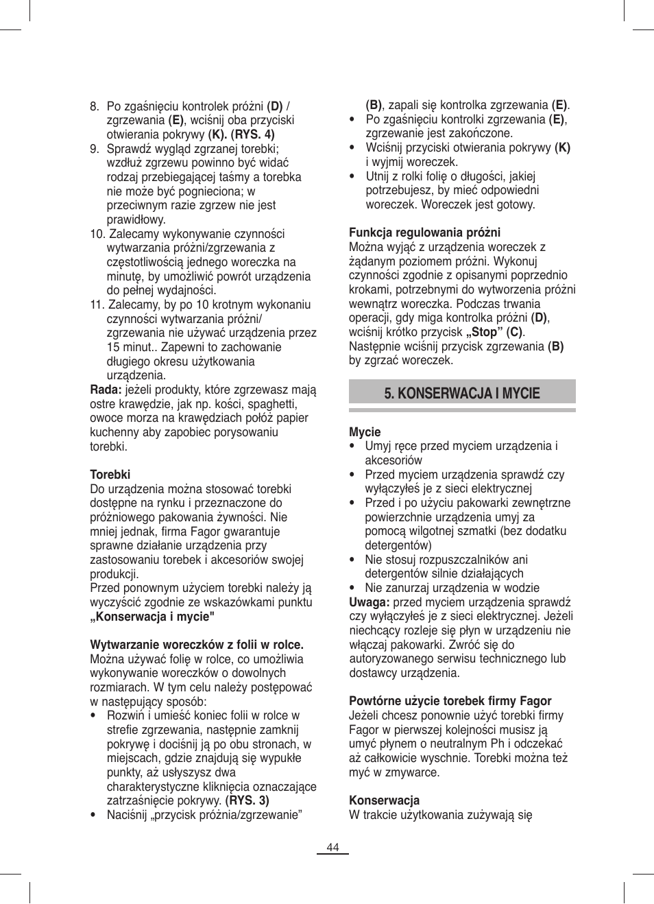 Konserwacja i mycie | Fagor MV-200 User Manual | Page 45 / 70