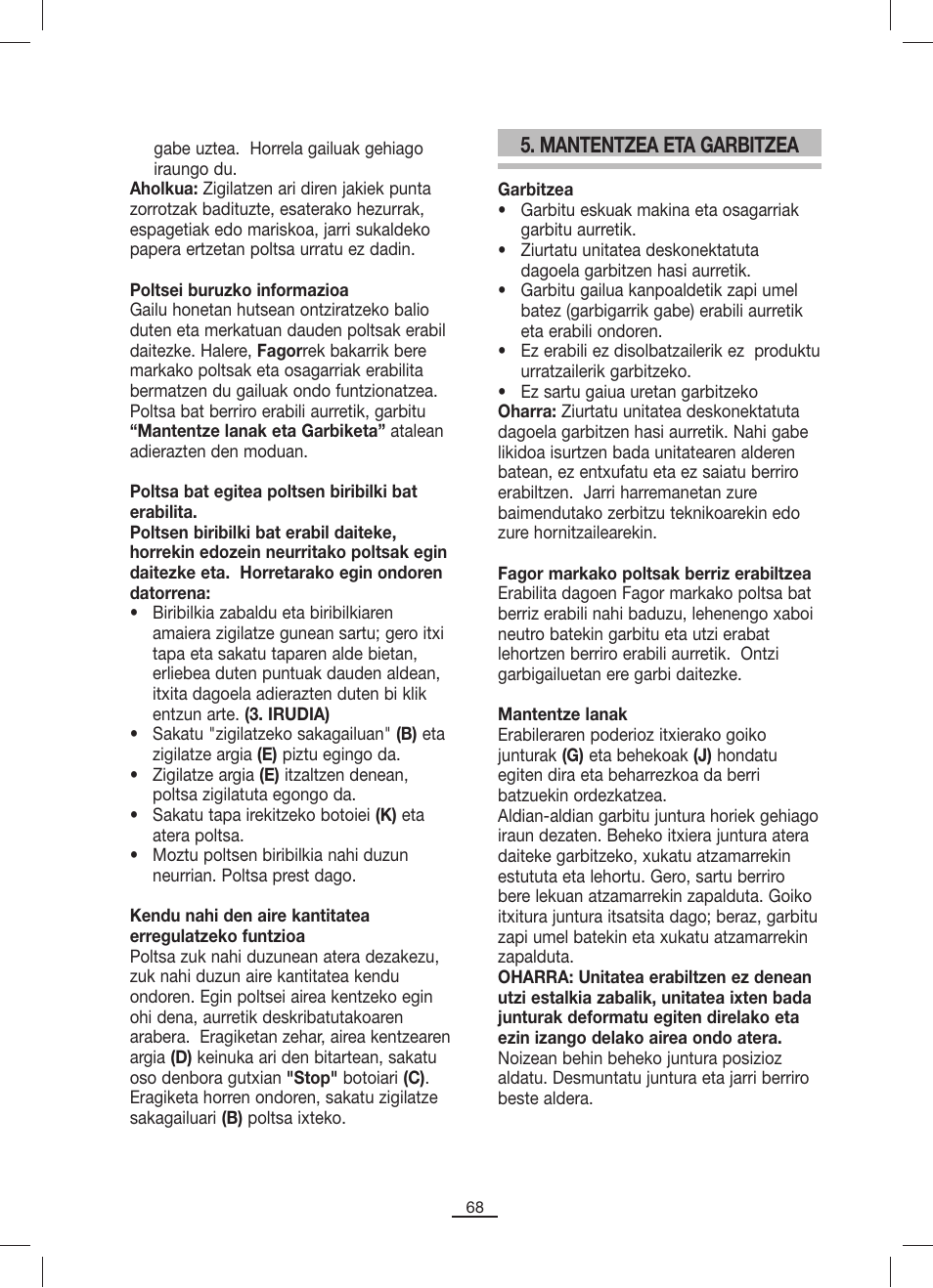 Mantentzea eta garbitzea | Fagor MV-200 User Manual | Page 69 / 70