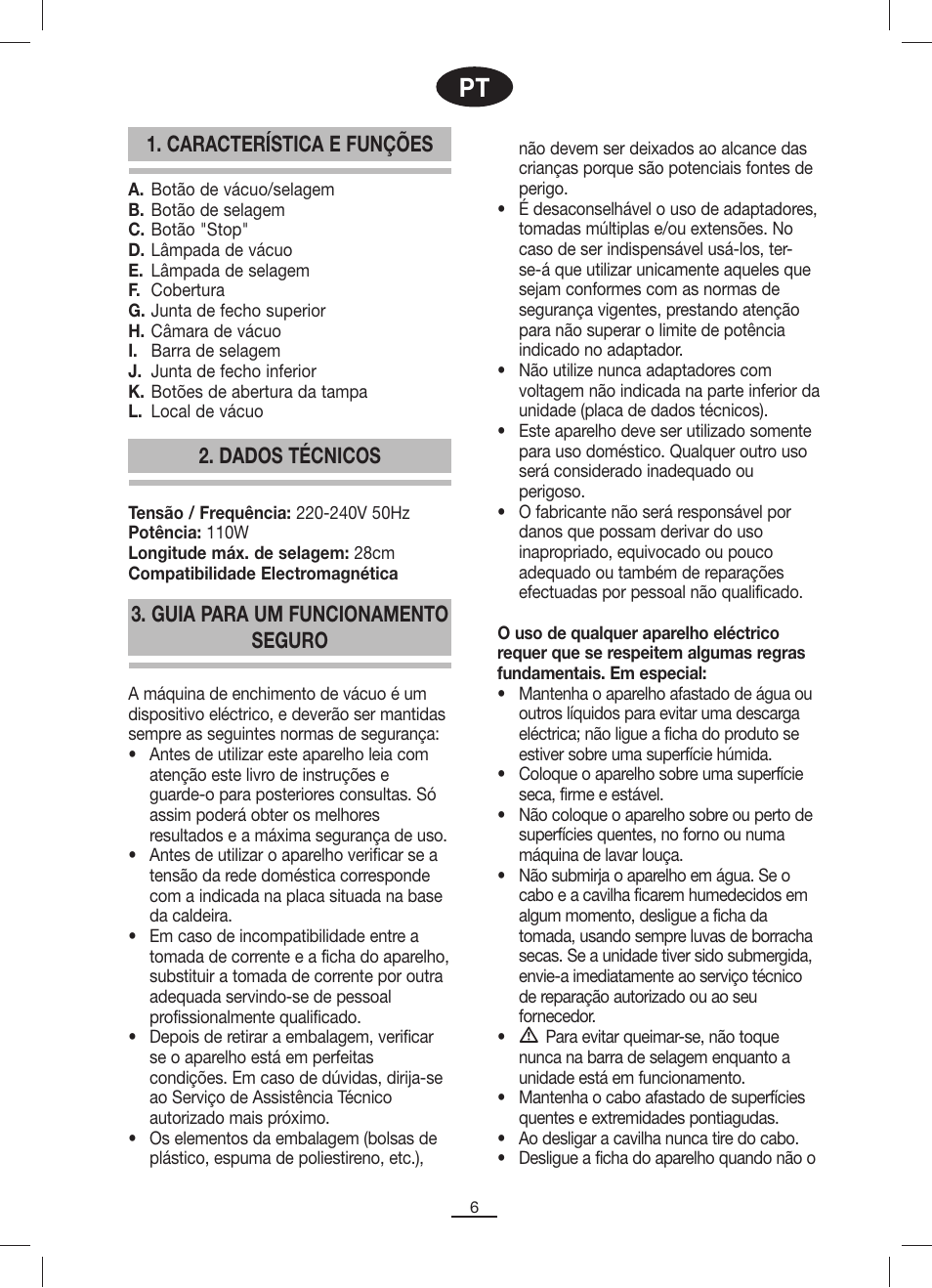 Característica e funções 2. dados técnicos, Guia para um funcionamento seguro | Fagor MV-200 User Manual | Page 7 / 70