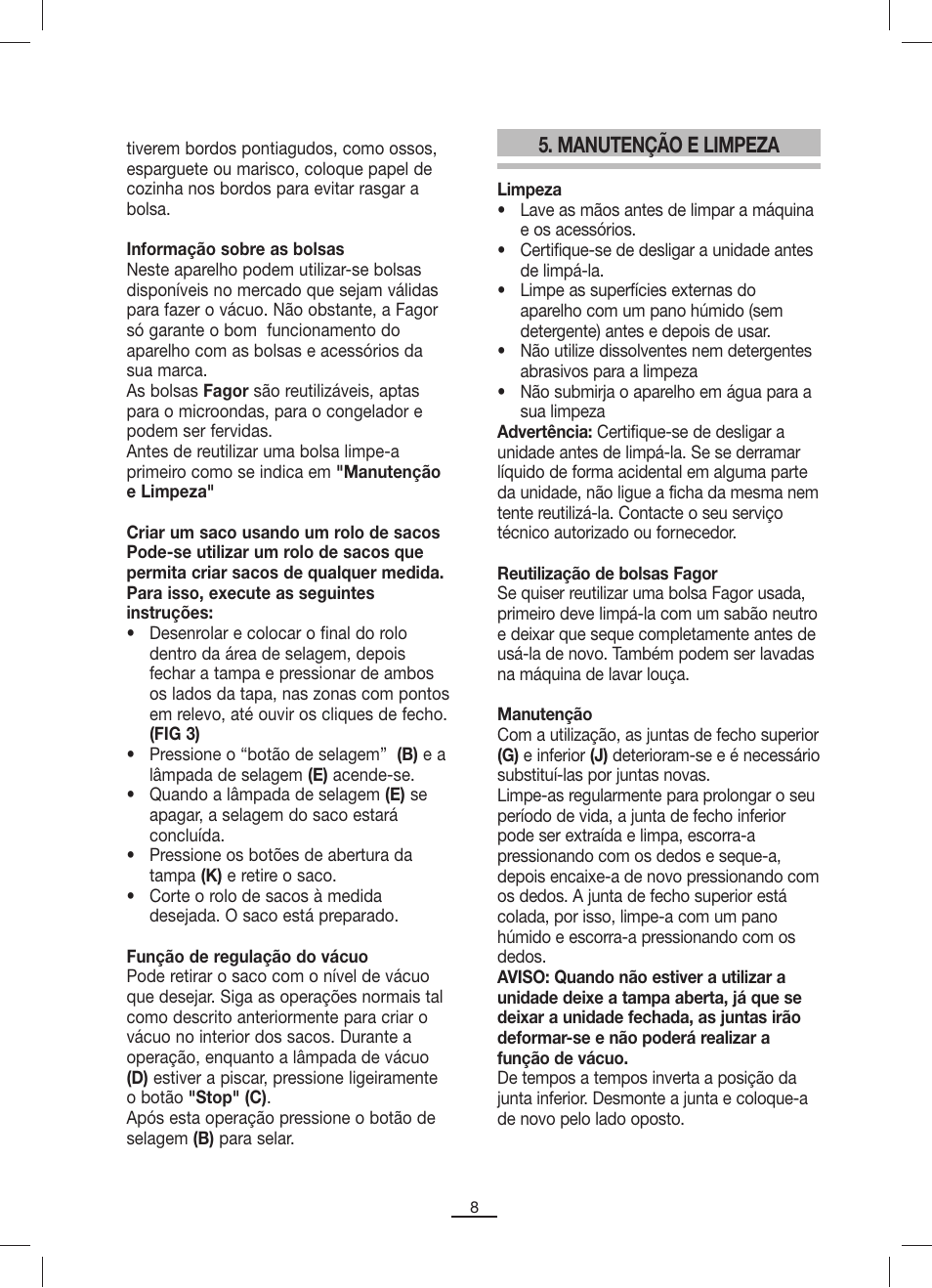Manutenção e limpeza | Fagor MV-200 User Manual | Page 9 / 70