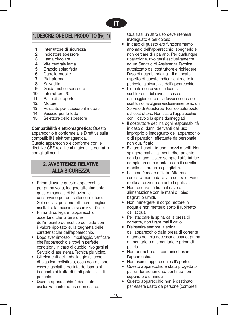 Descrizione del prodotto (fig. 1), Avvertenze relative alla sicurezza | Fagor CF-172 User Manual | Page 17 / 42