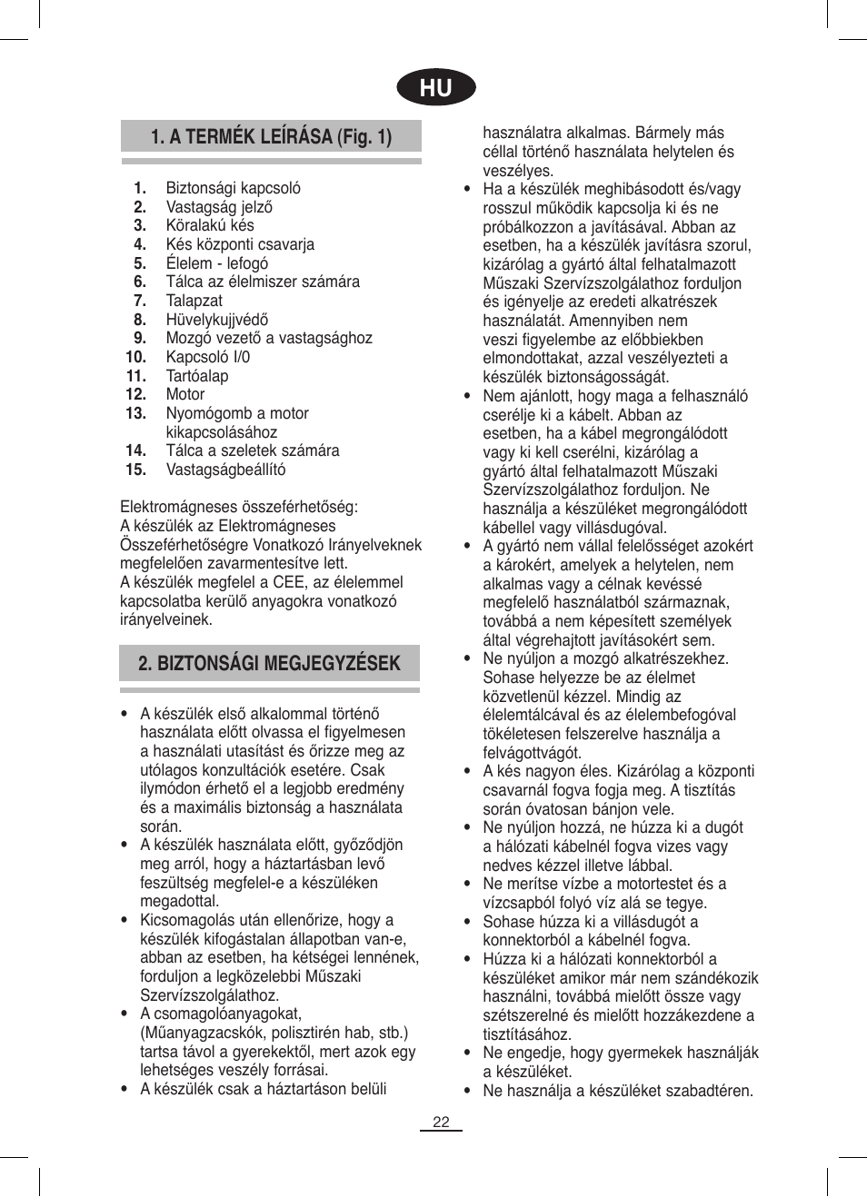 A termék leírása (fig. 1), Biztonsági megjegyzések | Fagor CF-172 User Manual | Page 23 / 42