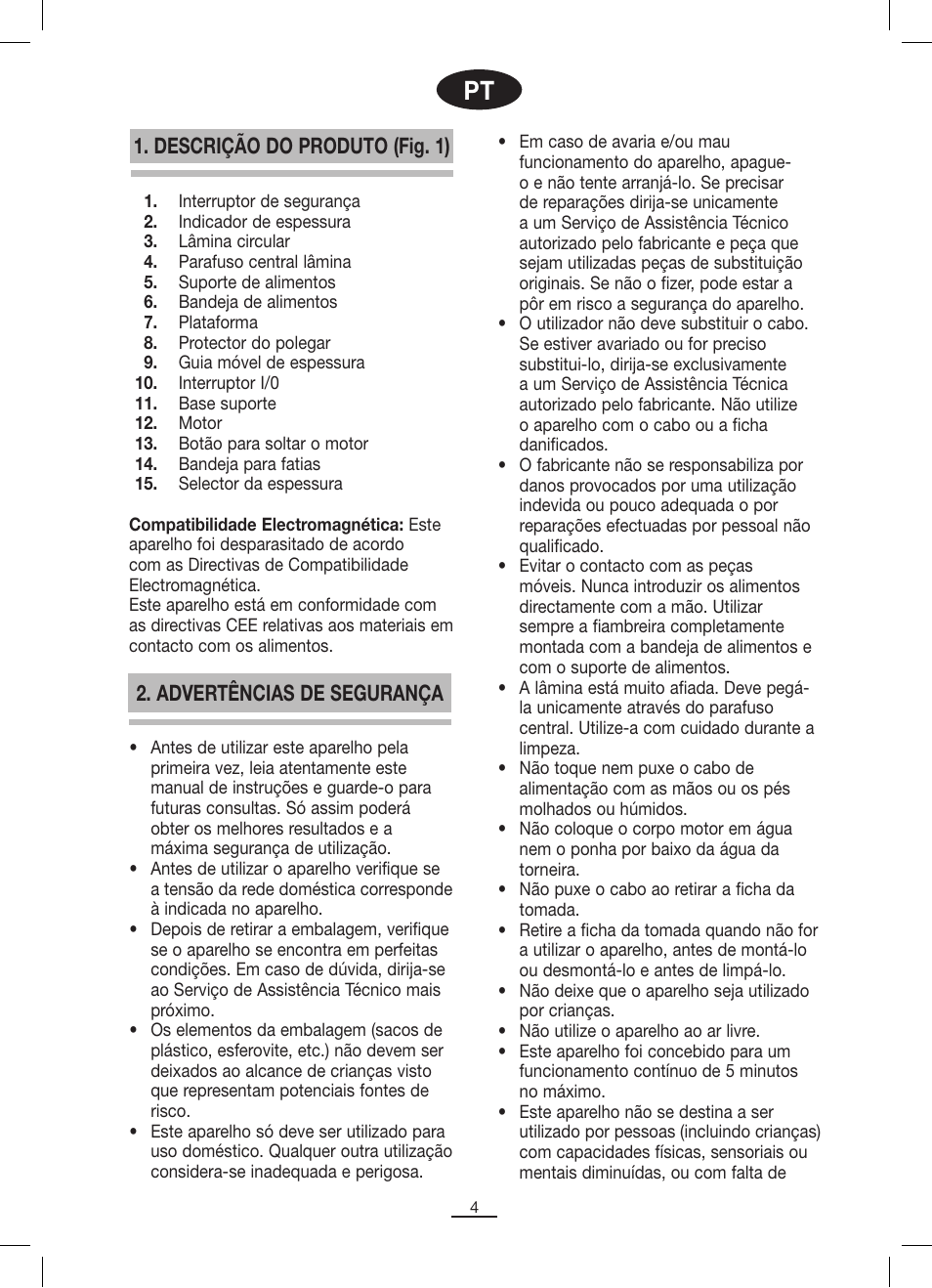 Descrição do produto (fig. 1), Advertências de segurança | Fagor CF-172 User Manual | Page 5 / 42