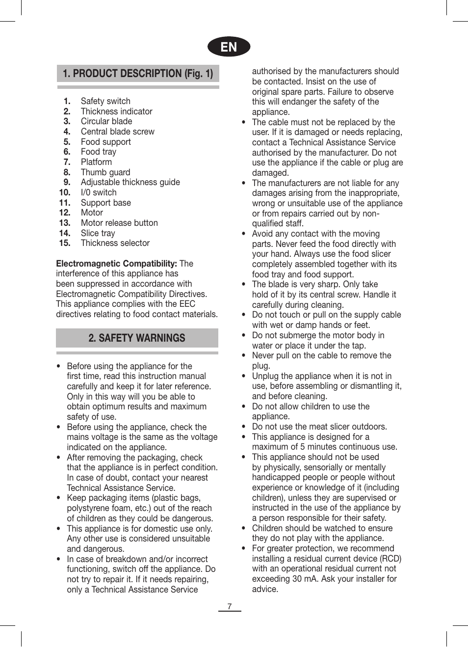 Product description (fig. 1), Safety warnings | Fagor CF-172 User Manual | Page 8 / 42