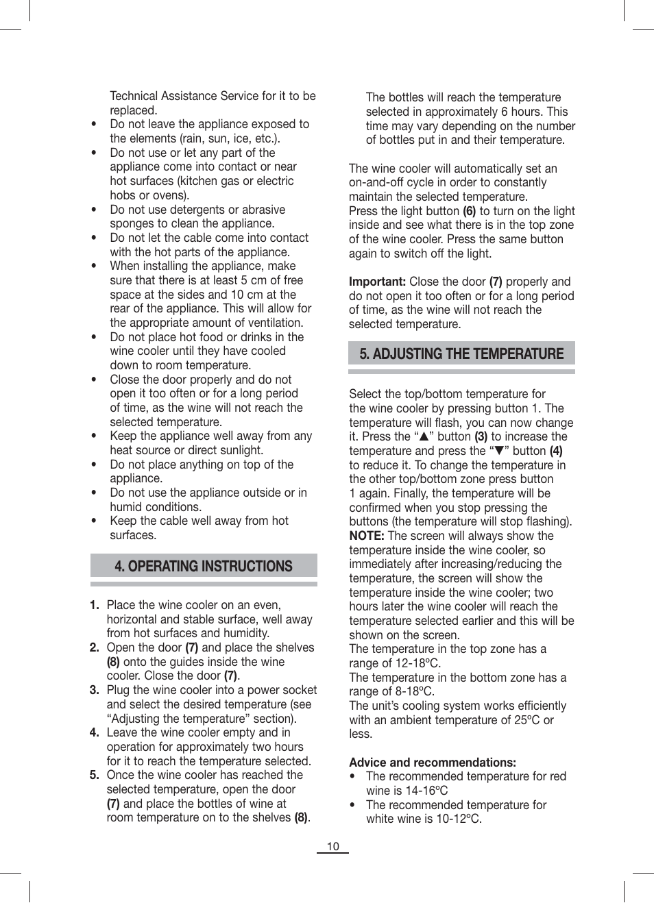 Operating instructions, Adjusting the temperature | Fagor VT-12BIZONE User Manual | Page 11 / 38