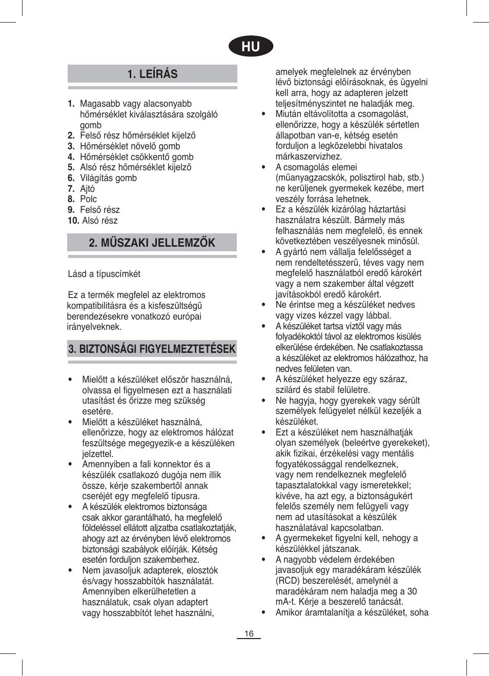 Leírás, Biztonsági figyelmeztetések, Műszaki jellemzők | Fagor VT-12BIZONE User Manual | Page 17 / 38