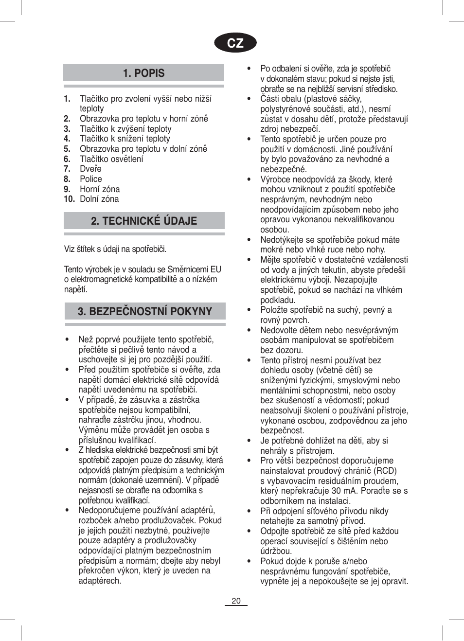 Popis, Bezpečnostní pokyny 2. technické údaje | Fagor VT-12BIZONE User Manual | Page 21 / 38