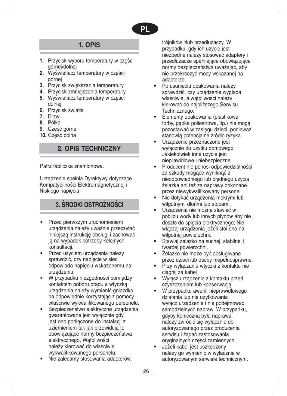 Opis, Opis techniczny, Środki ostrożności | Fagor VT-12BIZONE User Manual | Page 27 / 38