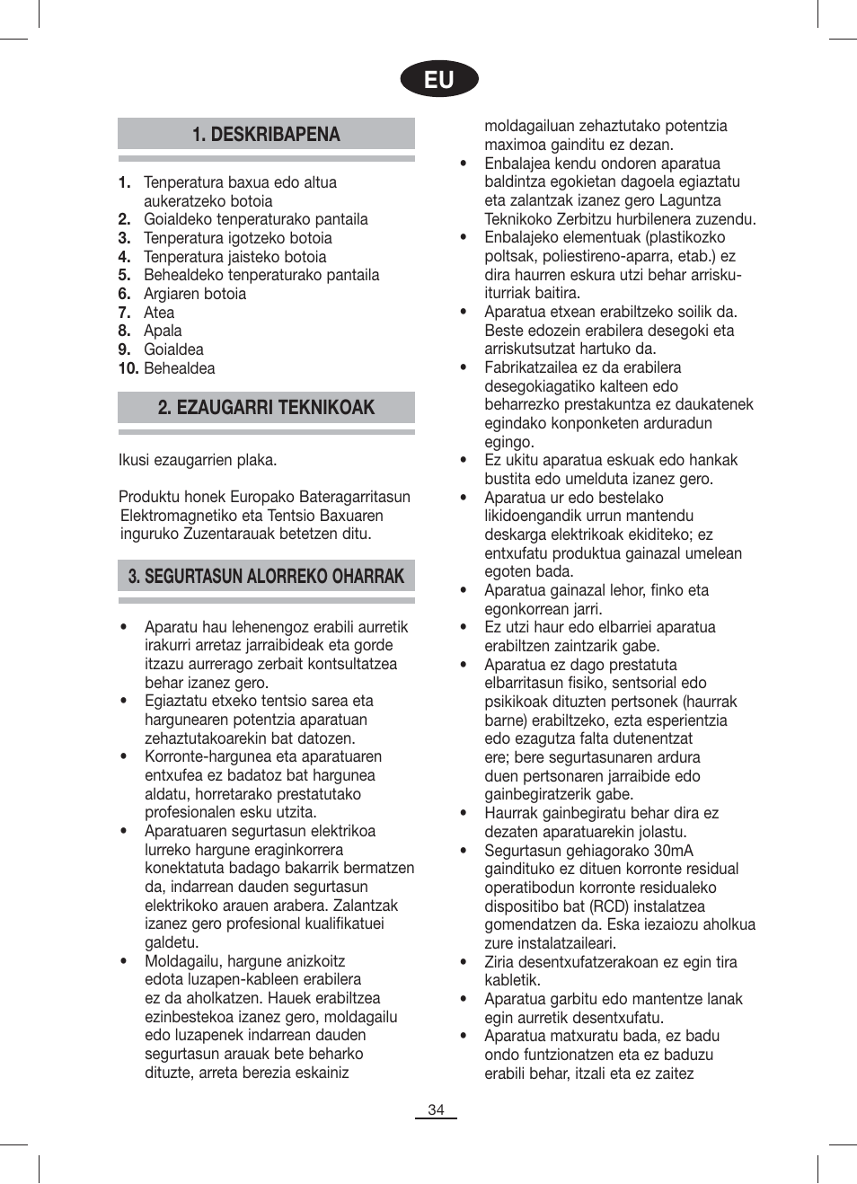 Deskribapena, Segurtasun alorreko oharrak 2. ezaugarri teknikoak | Fagor VT-12BIZONE User Manual | Page 35 / 38