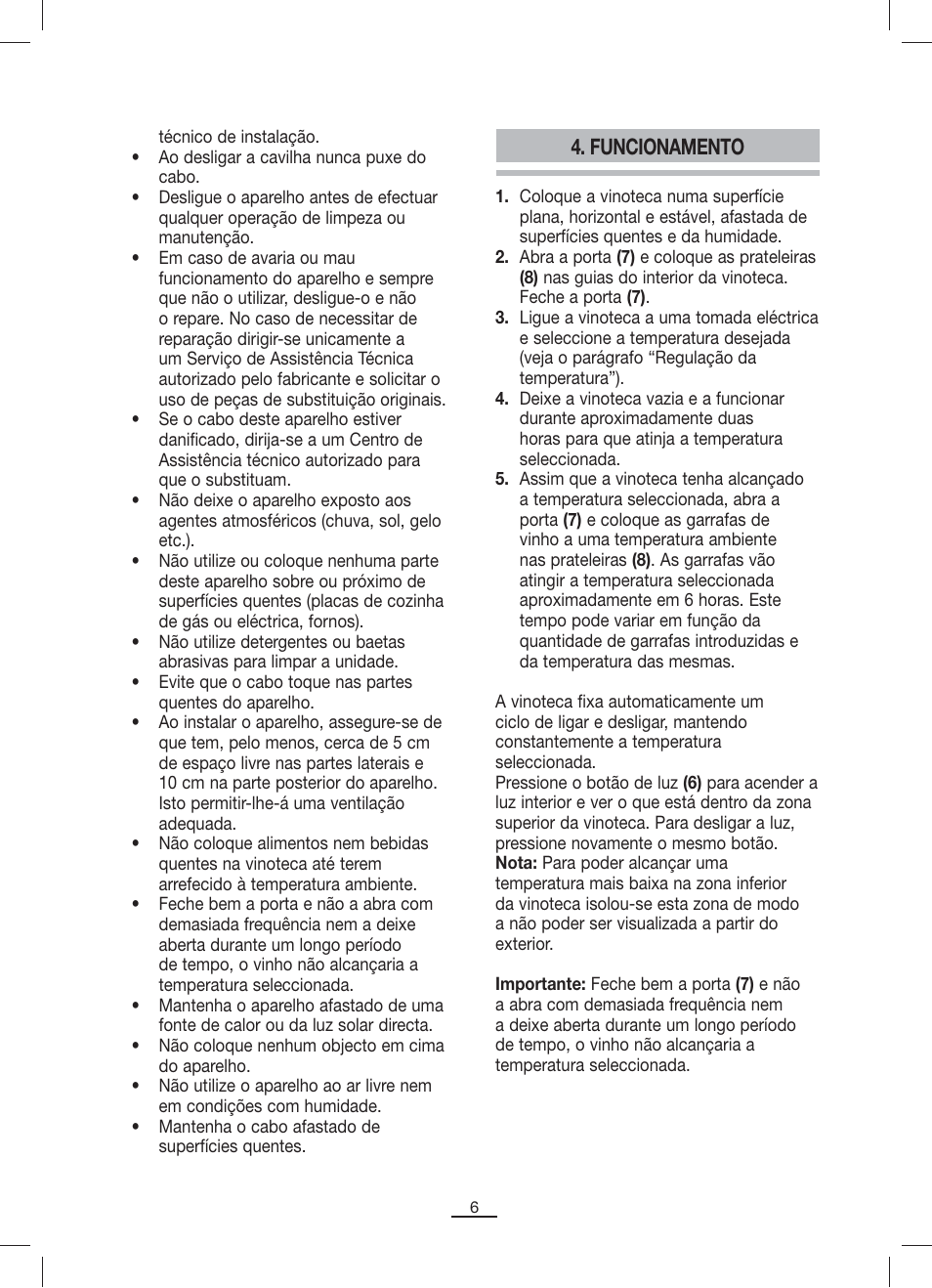 Funcionamento | Fagor VT-12BIZONE User Manual | Page 7 / 38