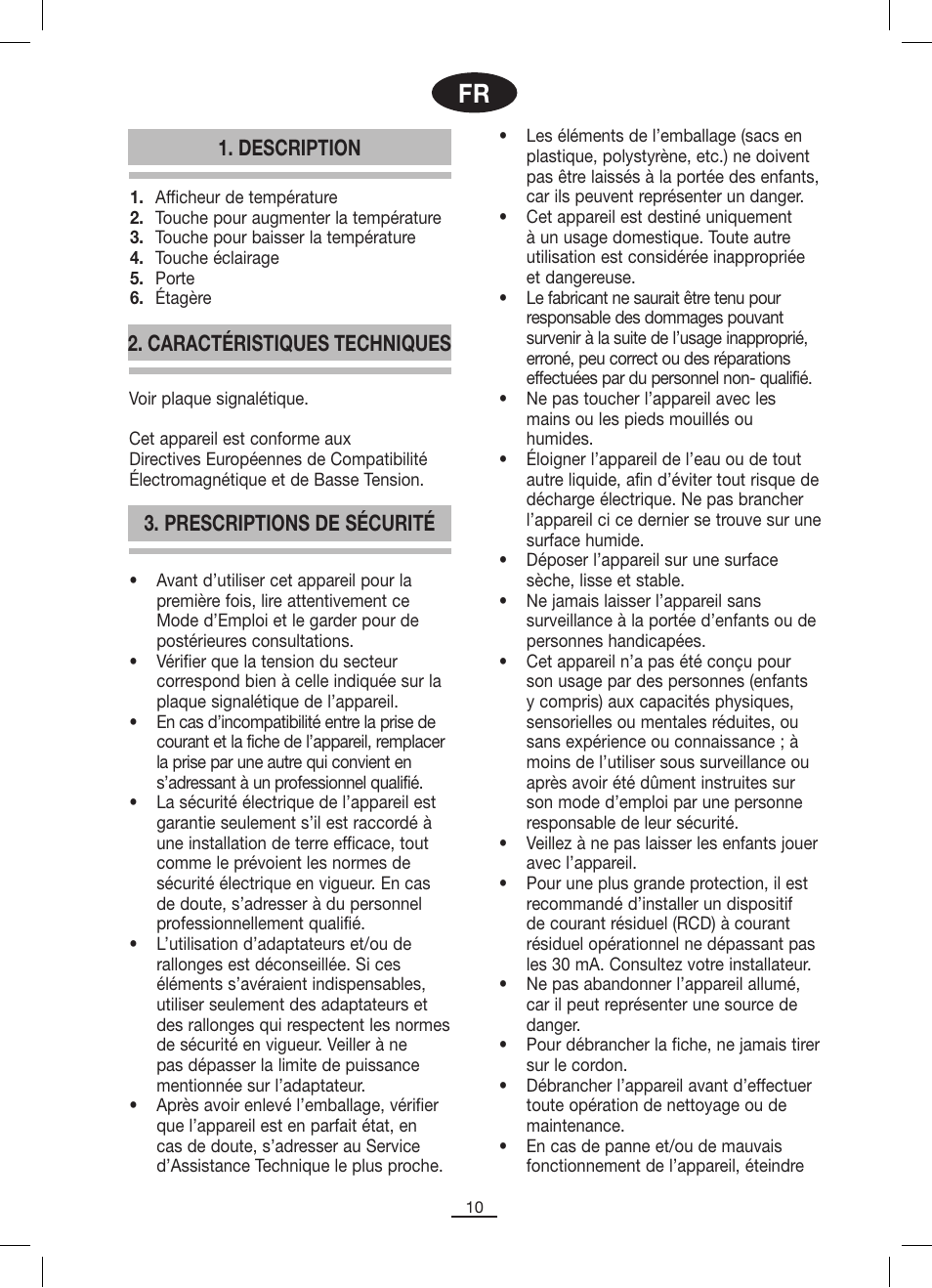 Description, Caractéristiques techniques, Prescriptions de sécurité | Fagor VT-6 User Manual | Page 11 / 46