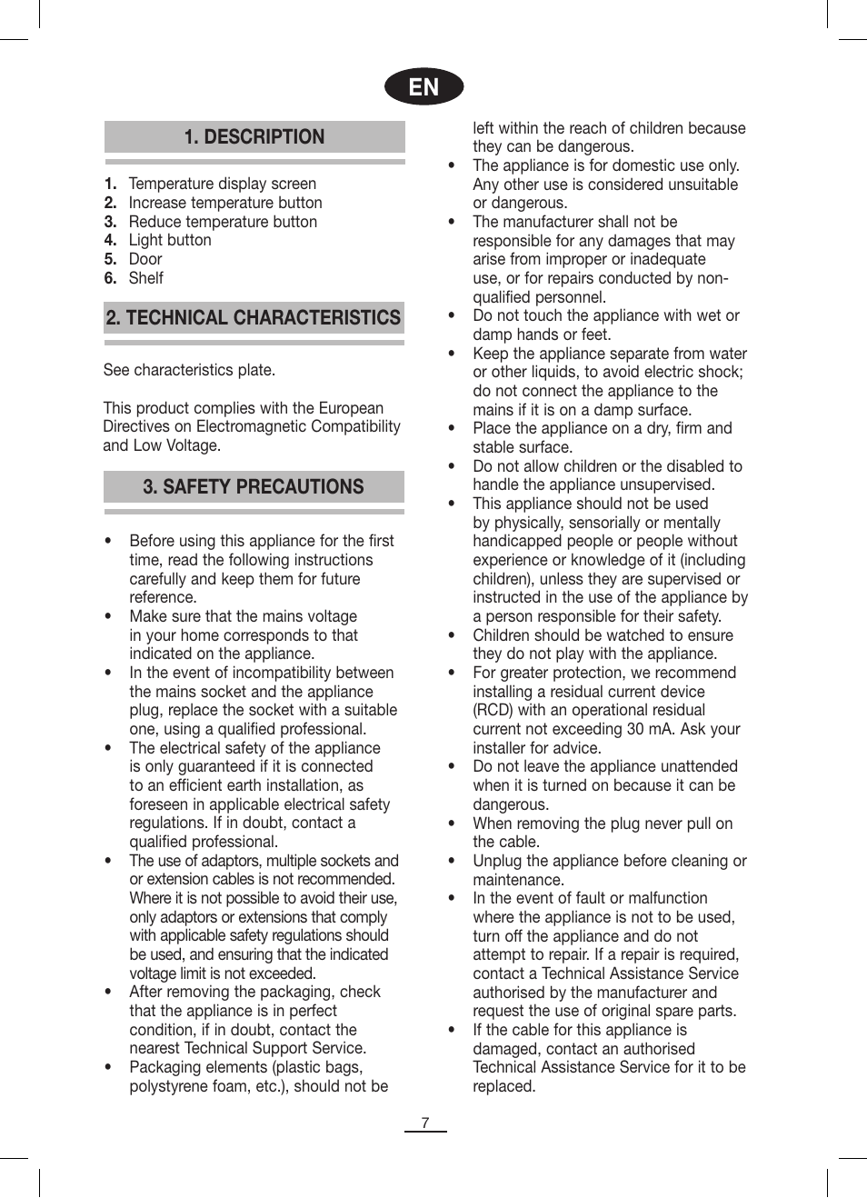 Description, Safety precautions 2. technical characteristics | Fagor VT-6 User Manual | Page 8 / 46