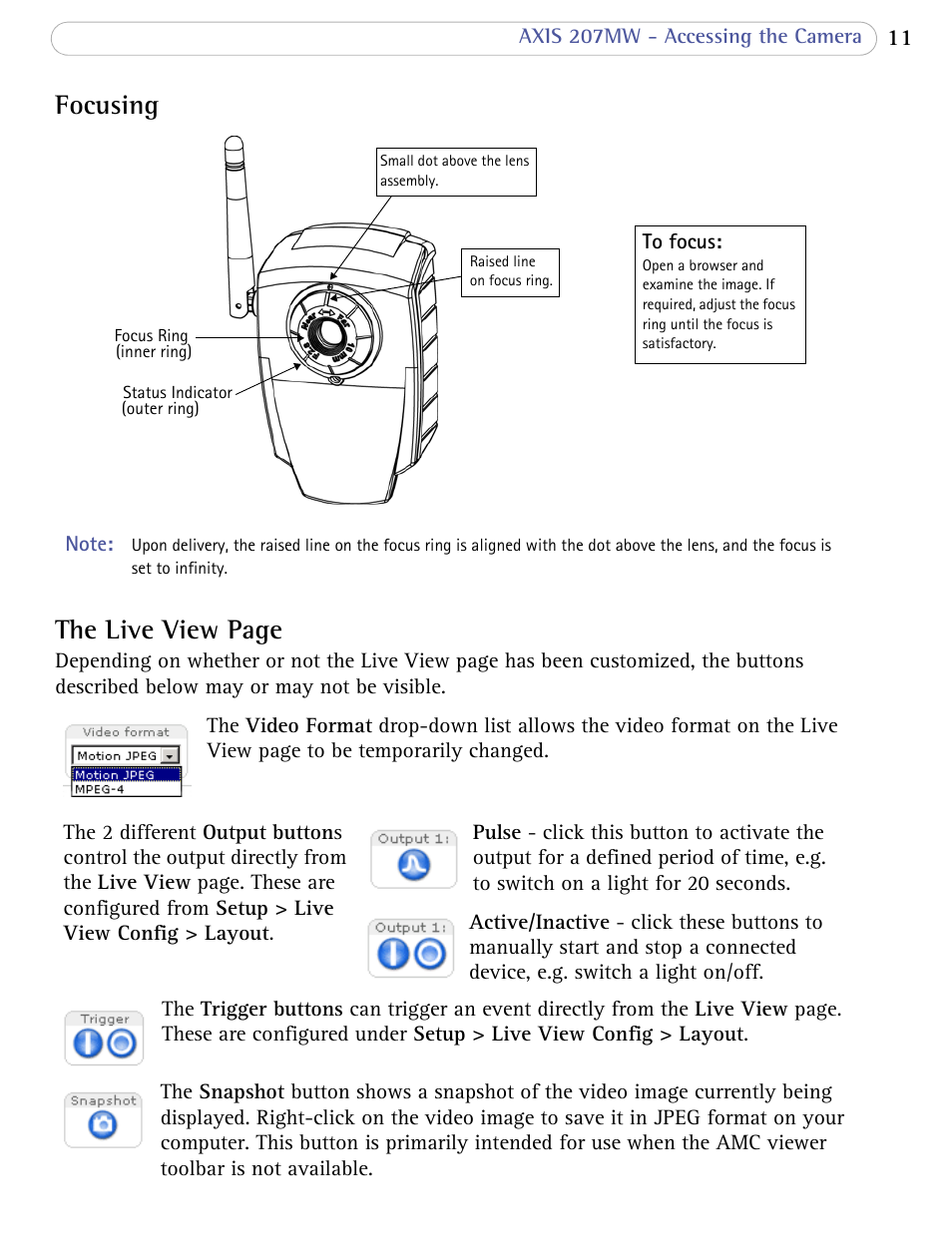 Focusing, The live view page | Axis Communications 207MW User Manual | Page 11 / 60