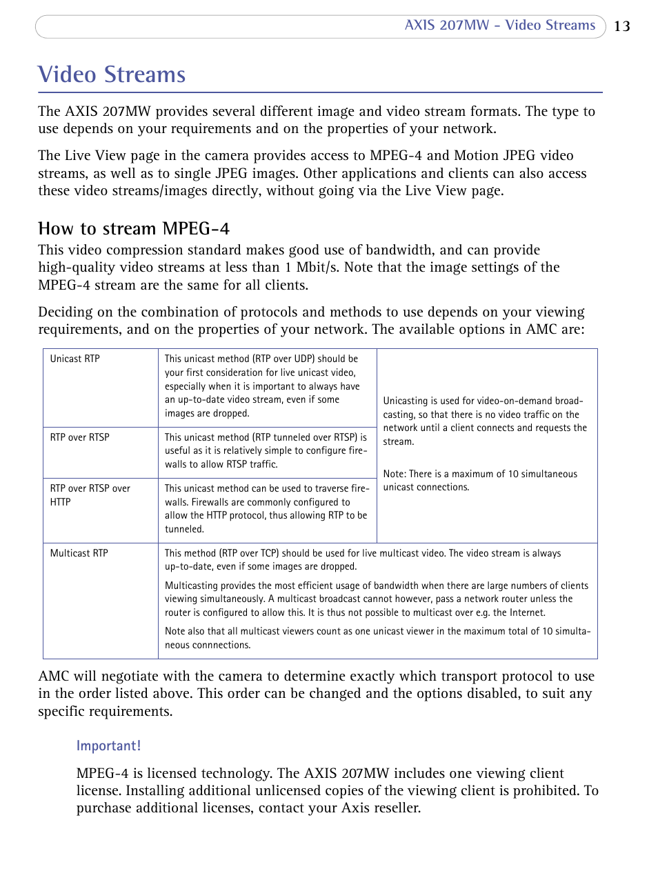 Video streams, How to stream mpeg-4 | Axis Communications 207MW User Manual | Page 13 / 60