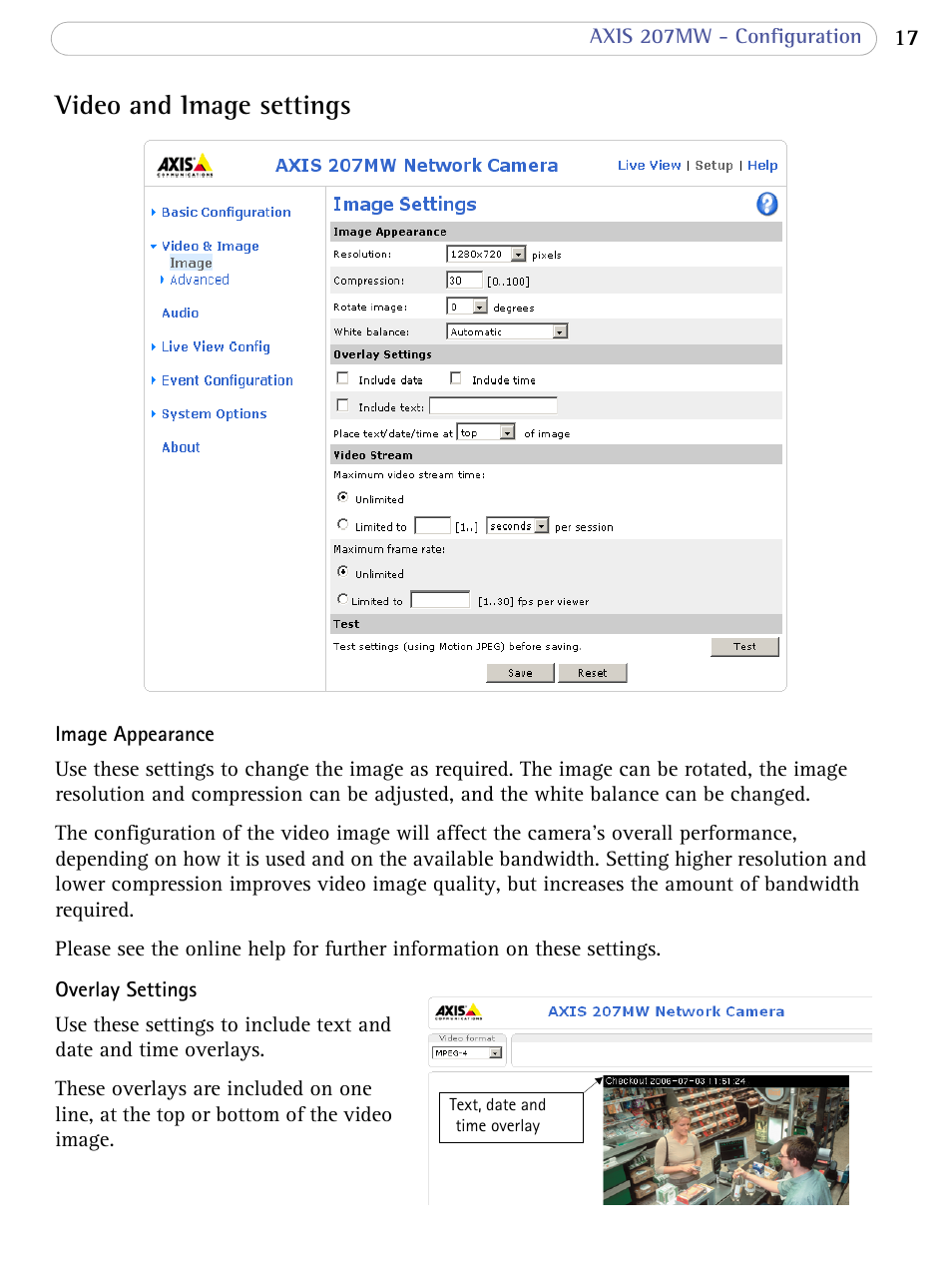 Video and image settings | Axis Communications 207MW User Manual | Page 17 / 60