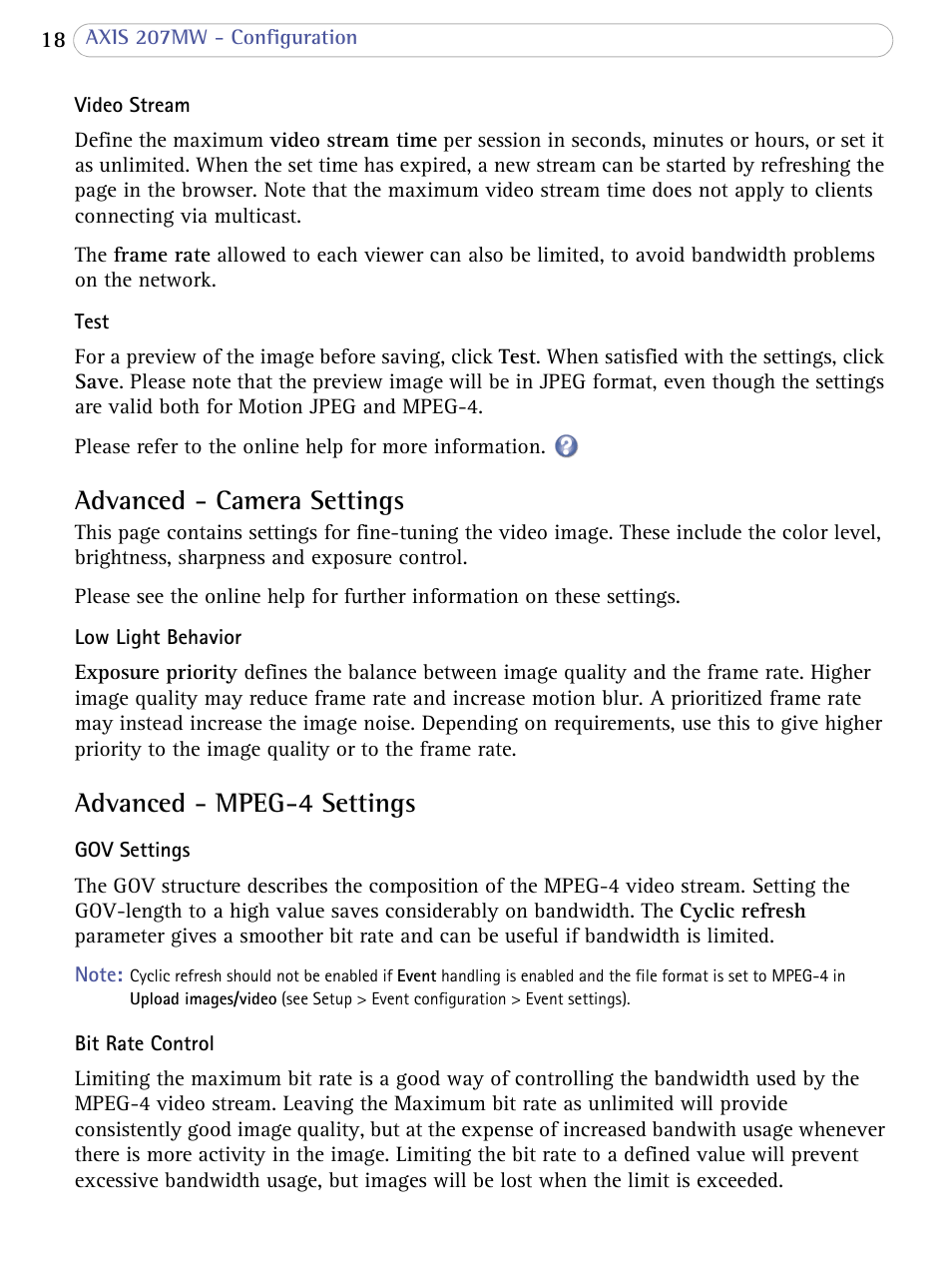Advanced - camera settings, Advanced - mpeg-4 settings | Axis Communications 207MW User Manual | Page 18 / 60