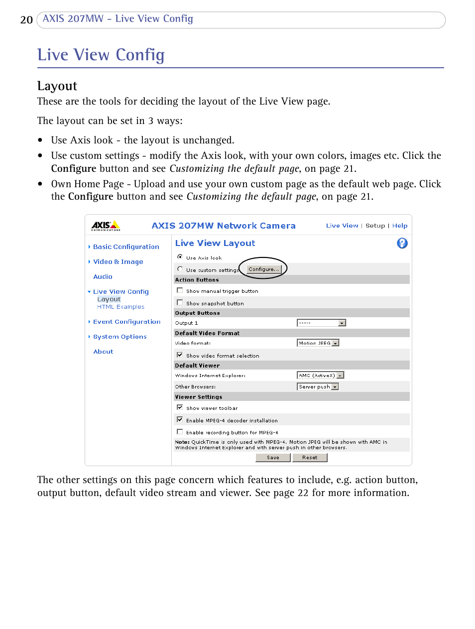 Live view config, Layout | Axis Communications 207MW User Manual | Page 20 / 60