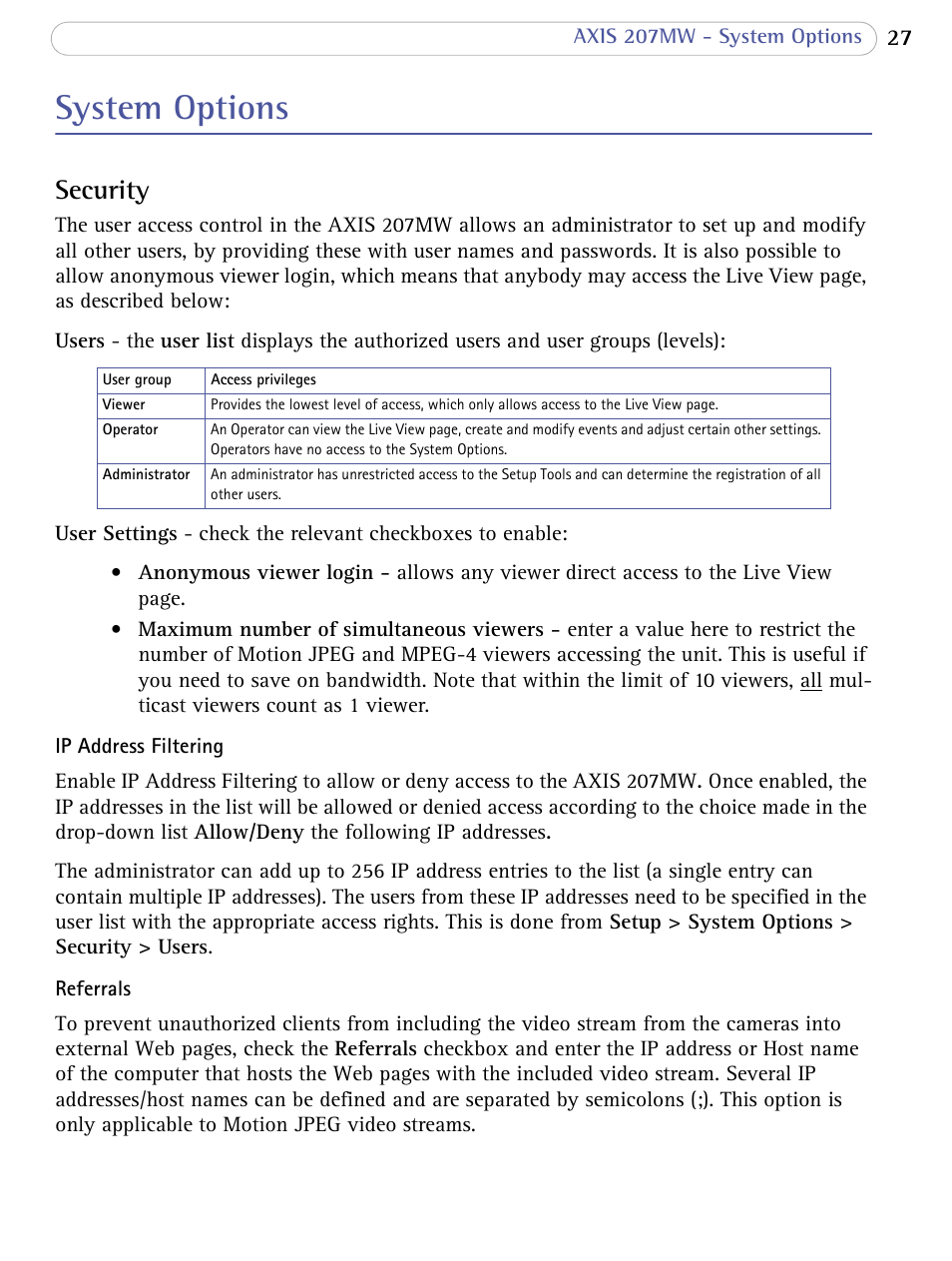 System options, Security | Axis Communications 207MW User Manual | Page 27 / 60