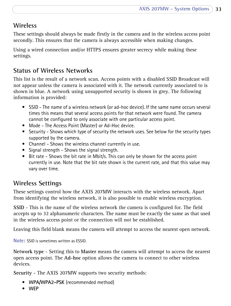 Wireless, Status of wireless networks, Wireless settings | Axis Communications 207MW User Manual | Page 33 / 60