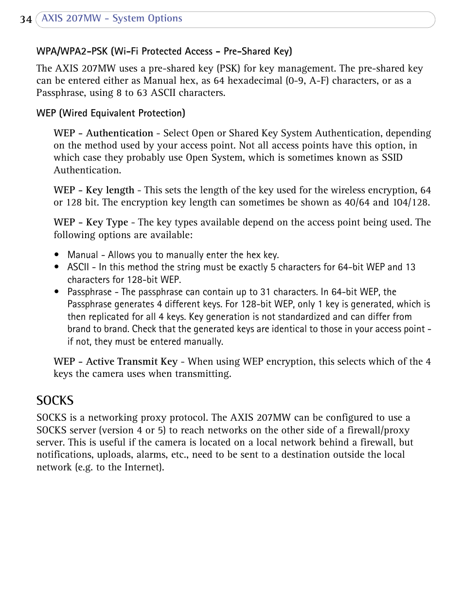 Socks | Axis Communications 207MW User Manual | Page 34 / 60