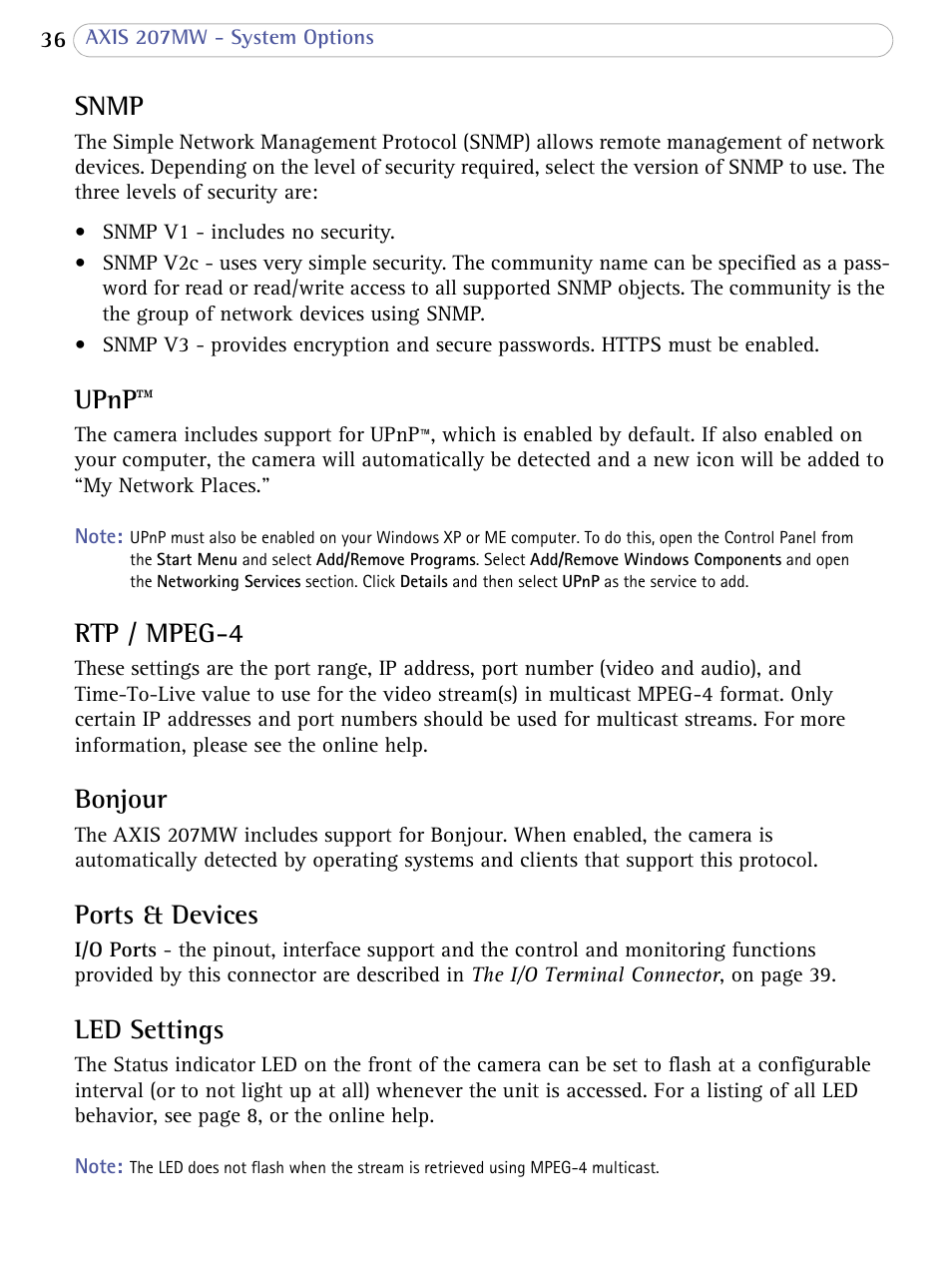 Snmp, Upnp, Rtp / mpeg-4 | Bonjour, Ports & devices, Led settings | Axis Communications 207MW User Manual | Page 36 / 60