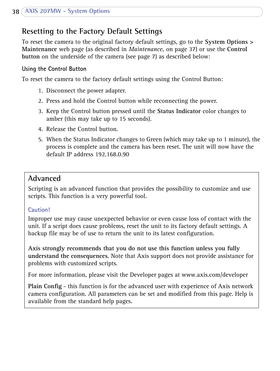 Resetting to the factory default settings, Advanced | Axis Communications 207MW User Manual | Page 38 / 60