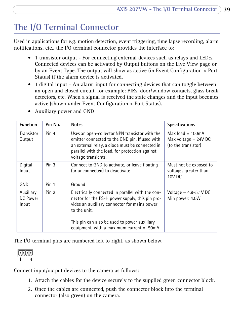The i/o terminal connector | Axis Communications 207MW User Manual | Page 39 / 60