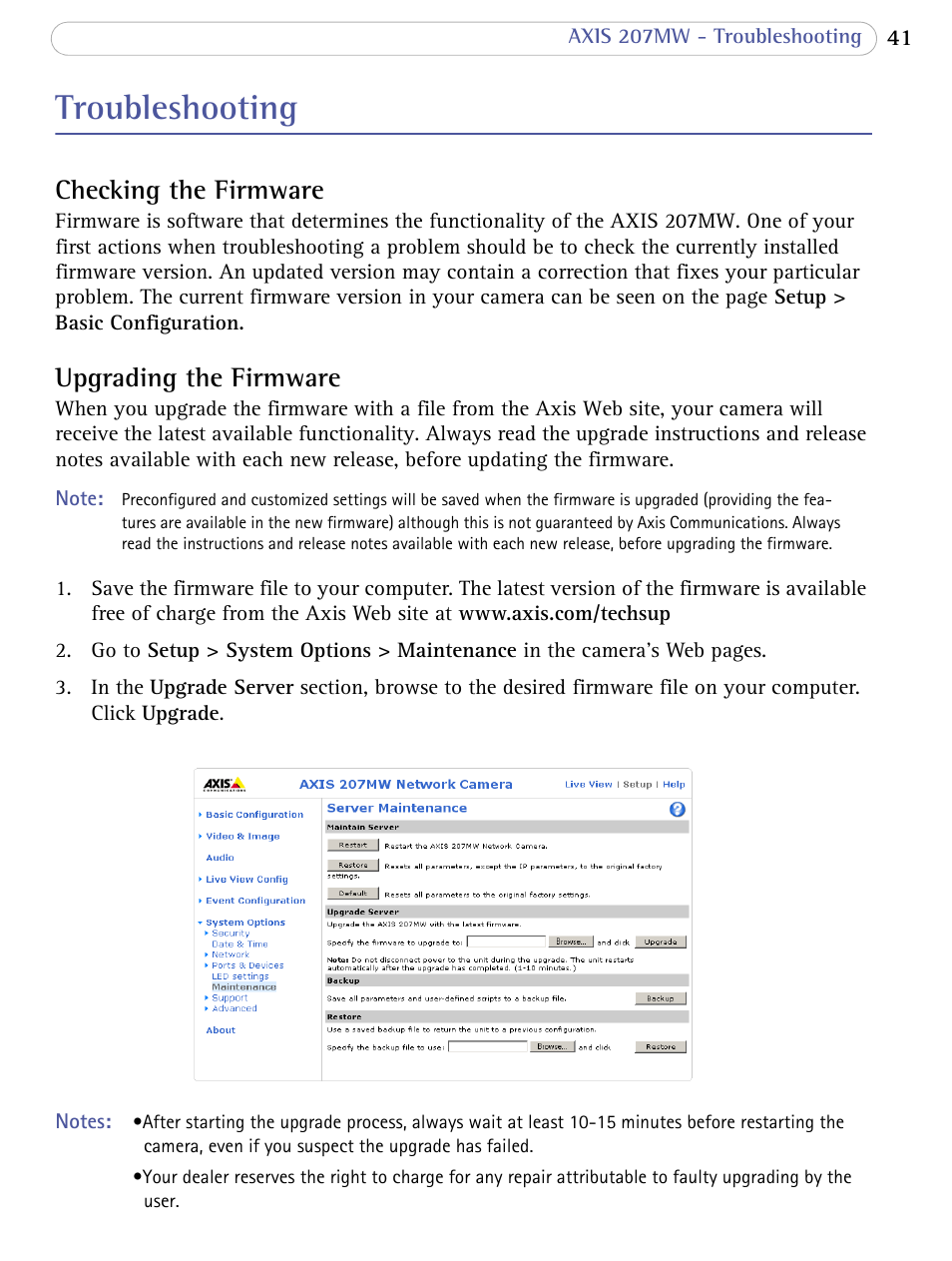 Troubleshooting, Checking the firmware, Upgrading the firmware | Axis Communications 207MW User Manual | Page 41 / 60