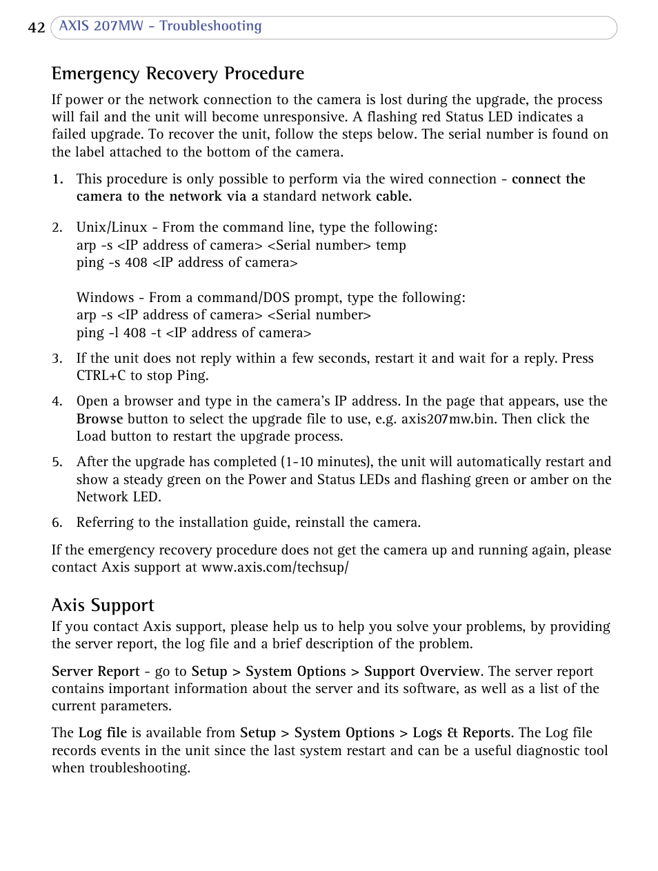 Emergency recovery procedure, Axis support | Axis Communications 207MW User Manual | Page 42 / 60