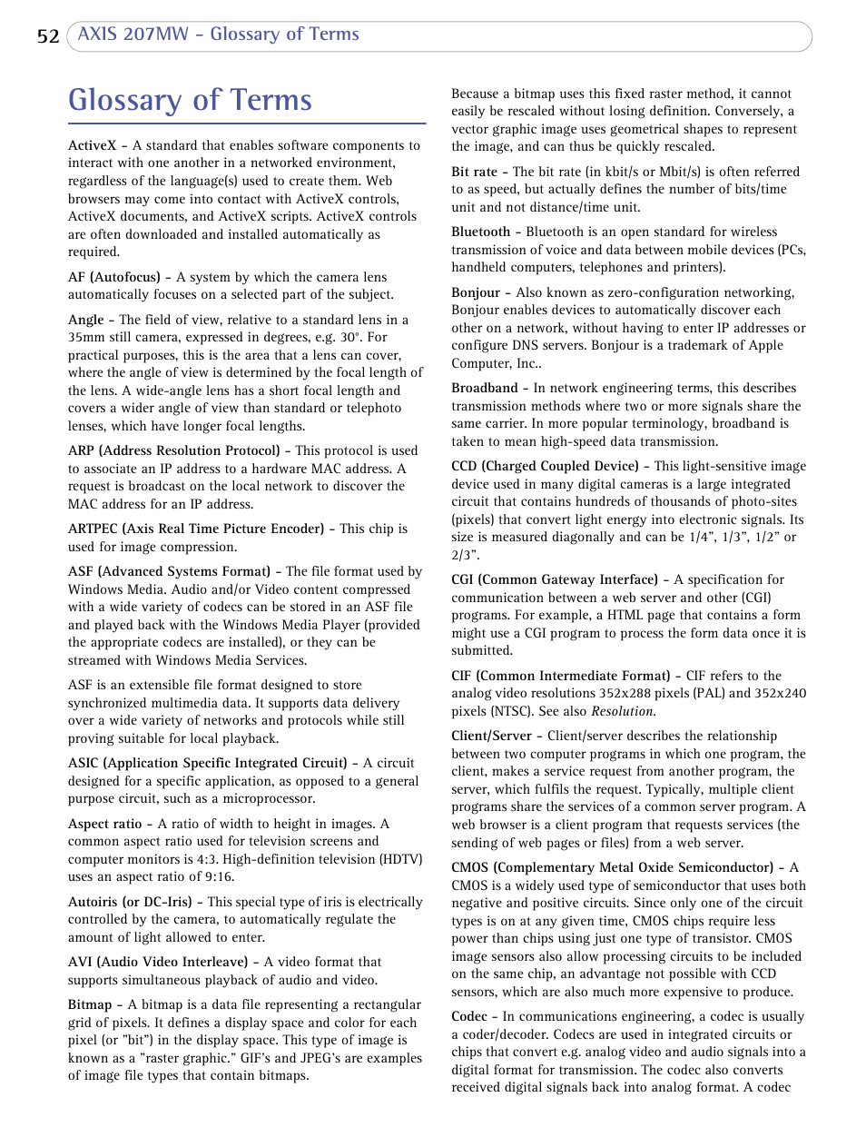Glossary of terms | Axis Communications 207MW User Manual | Page 52 / 60