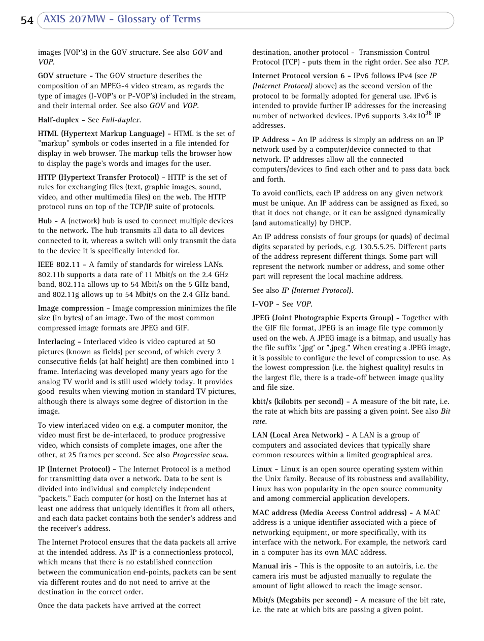 Axis 207mw - glossary of terms | Axis Communications 207MW User Manual | Page 54 / 60