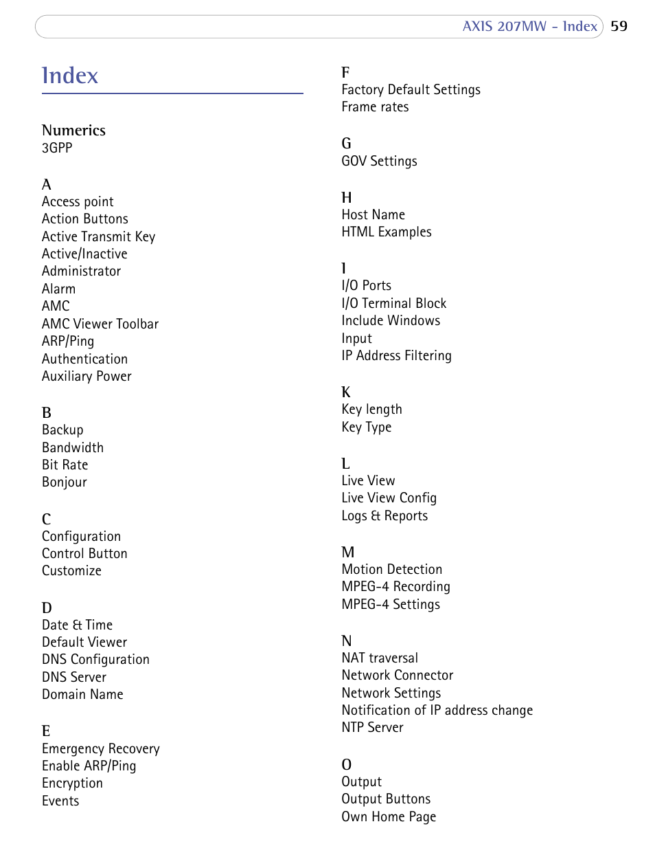 Index | Axis Communications 207MW User Manual | Page 59 / 60