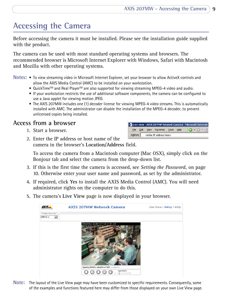 Accessing the camera, Access from a browser | Axis Communications 207MW User Manual | Page 9 / 60