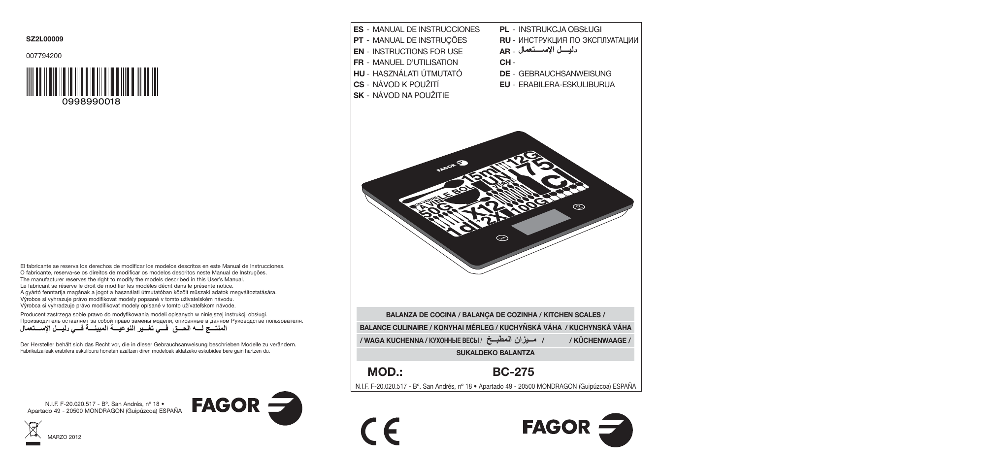 Fagor BC-275 User Manual | 41 pages