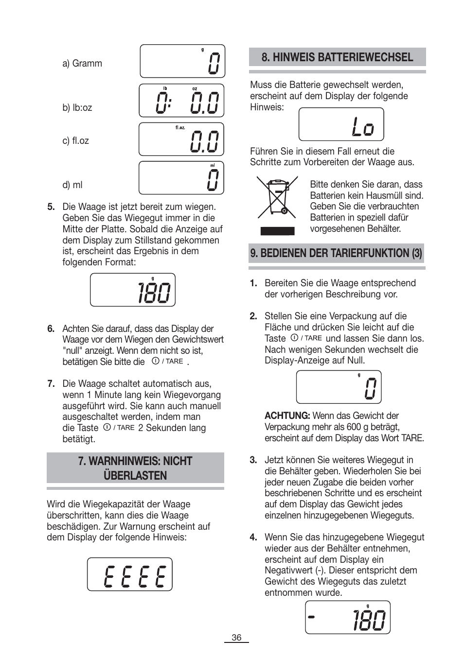 Warnhinweis: nicht überlasten, Hinweis batteriewechsel, Bedienen der tarierfunktion (3) | Fagor BC-275 User Manual | Page 37 / 41