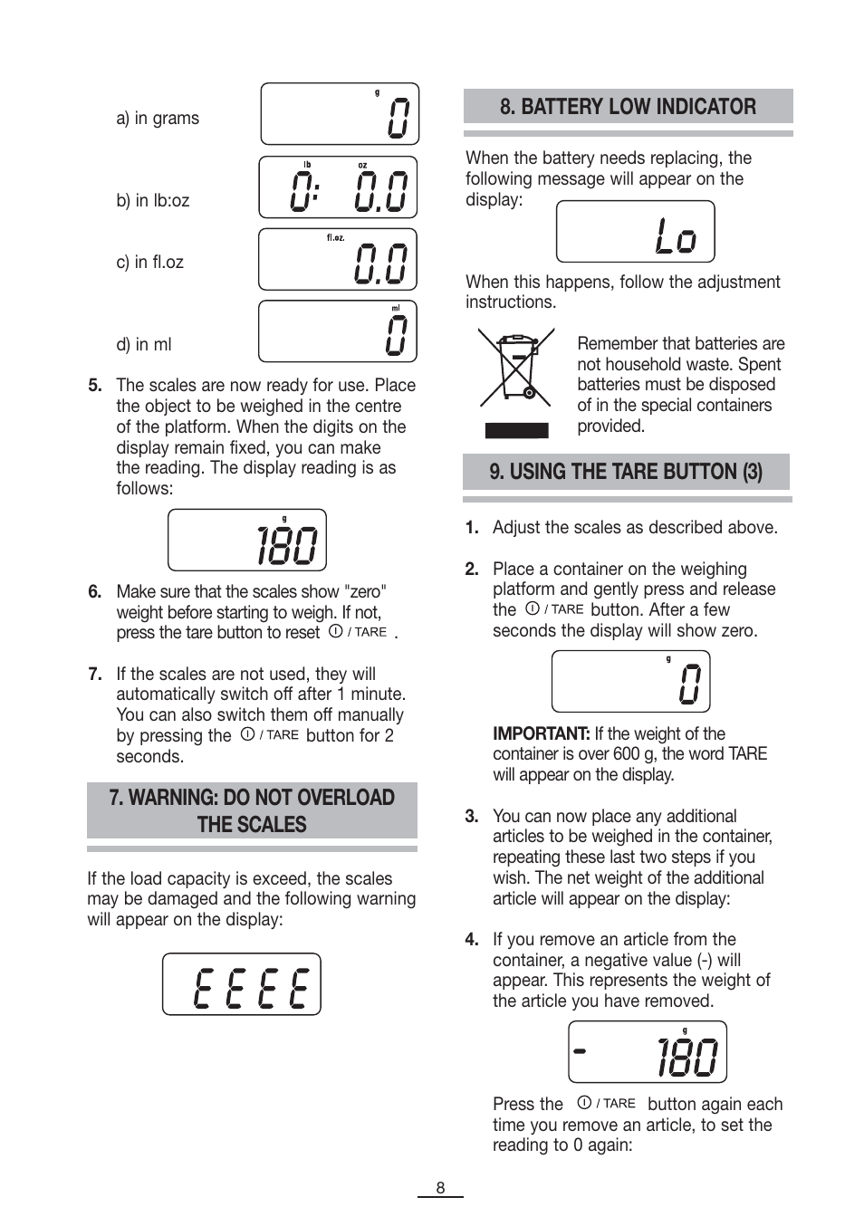 Warning: do not overload the scales, Battery low indicator, Using the tare button (3) | Fagor BC-275 User Manual | Page 9 / 41