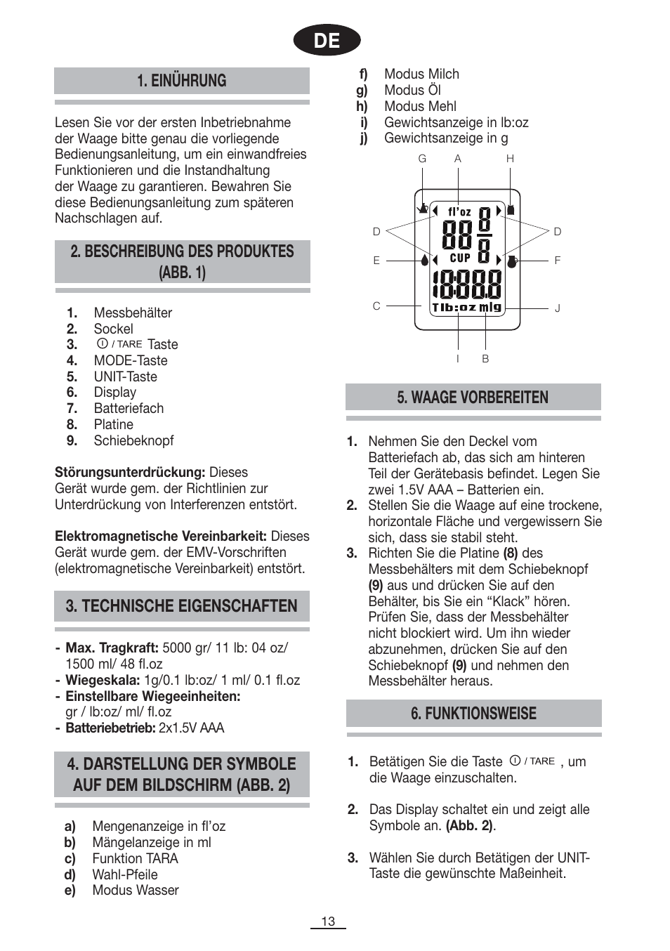Beschreibung des produktes (abb. 1), Einührung, Waage vorbereiten | Funktionsweise 3. technische eigenschaften | Fagor BC-550 User Manual | Page 14 / 44