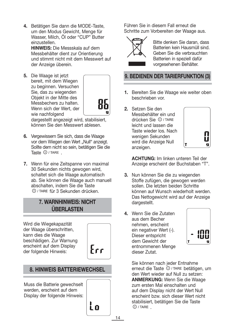 Warnhinweis: nicht überlasten, Hinweis batteriewechsel, Bedienen der tarierfunktion (3) | Fagor BC-550 User Manual | Page 15 / 44