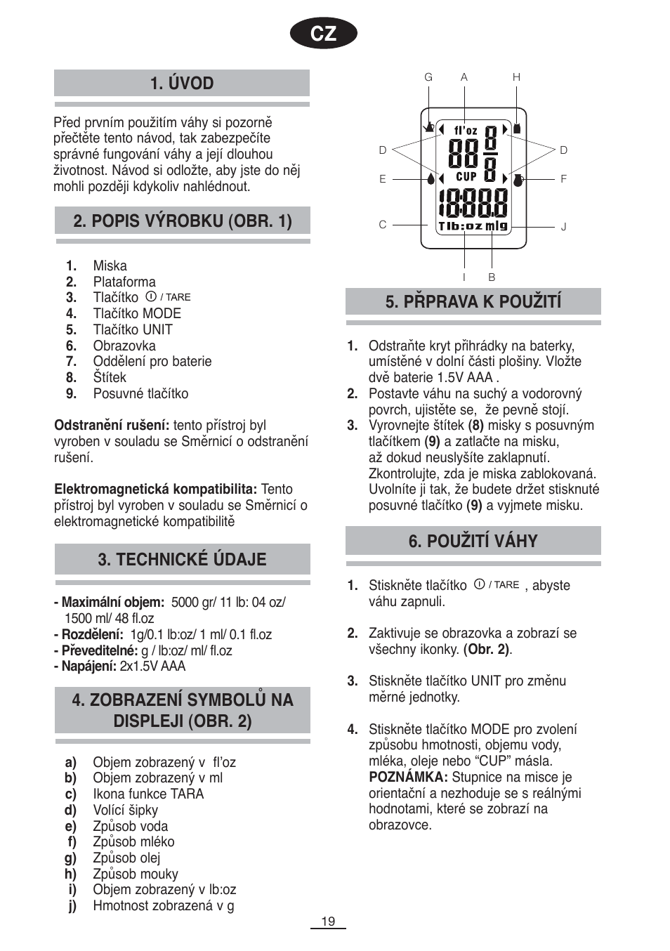 Popis výrobku (obr. 1), Úvod, Přprava k použití | Použití váhy, Technické údaje, Zobrazení symbolů na displeji (obr. 2) | Fagor BC-550 User Manual | Page 20 / 44