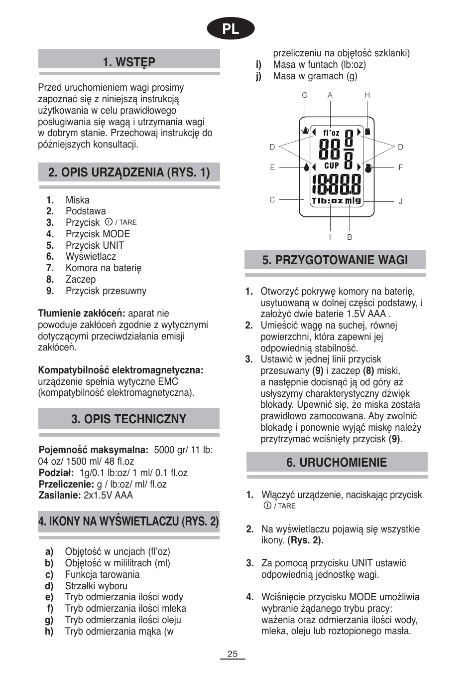 Opis urządzenia (rys. 1), Wstęp, Przygotowanie wagi | Uruchomienie, Opis techniczny, Ikony na wyświetlaczu (rys. 2) | Fagor BC-550 User Manual | Page 26 / 44