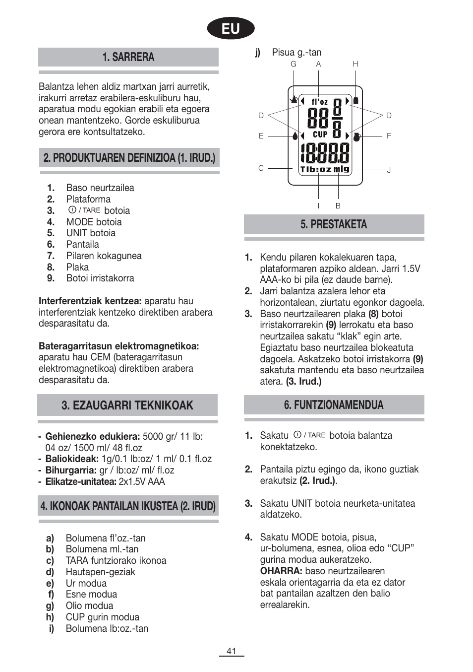 Produktuaren definizioa (1. irud.), Sarrera, Prestaketa | Funtzionamendua 3. ezaugarri teknikoak, Ikonoak pantailan ikustea (2. irud) | Fagor BC-550 User Manual | Page 42 / 44