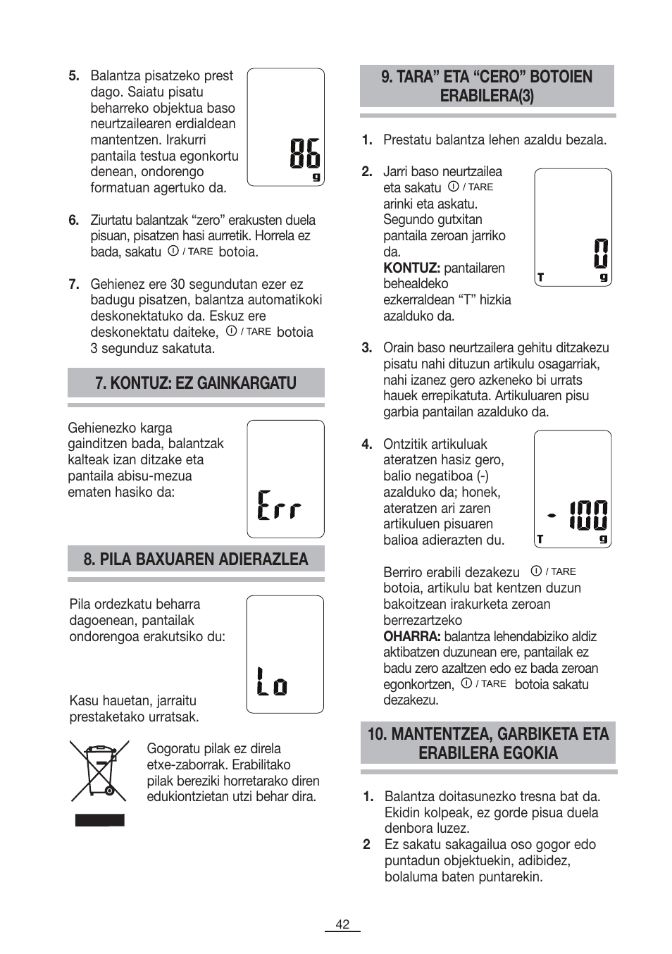 Kontuz: ez gainkargatu, Pila baxuaren adierazlea, Tara” eta “cero” botoien erabilera(3) | Mantentzea, garbiketa eta erabilera egokia | Fagor BC-550 User Manual | Page 43 / 44