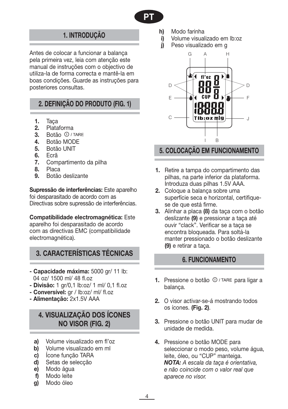 Definição do produto (fig. 1), Introdução, Colocação em funcionamento | Funcionamento 3. características técnicas, Visualização dos ícones no visor (fig. 2) | Fagor BC-550 User Manual | Page 5 / 44