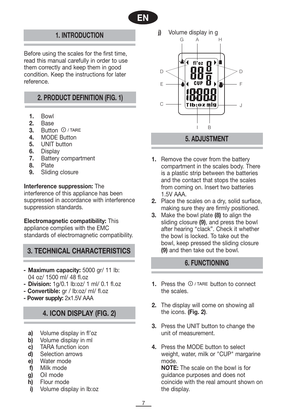 Product definition (fig. 1), Introduction, Adjustment | Functioning 3. technical characteristics, Icon display (fig. 2) | Fagor BC-550 User Manual | Page 8 / 44