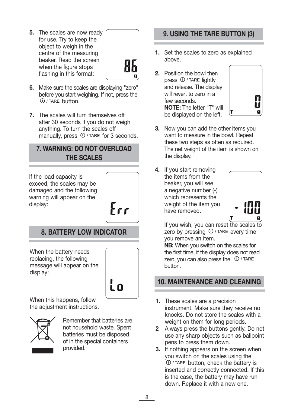 Warning: do not overload the scales, Battery low indicator, Using the tare button (3) | Maintenance and cleaning | Fagor BC-550 User Manual | Page 9 / 44