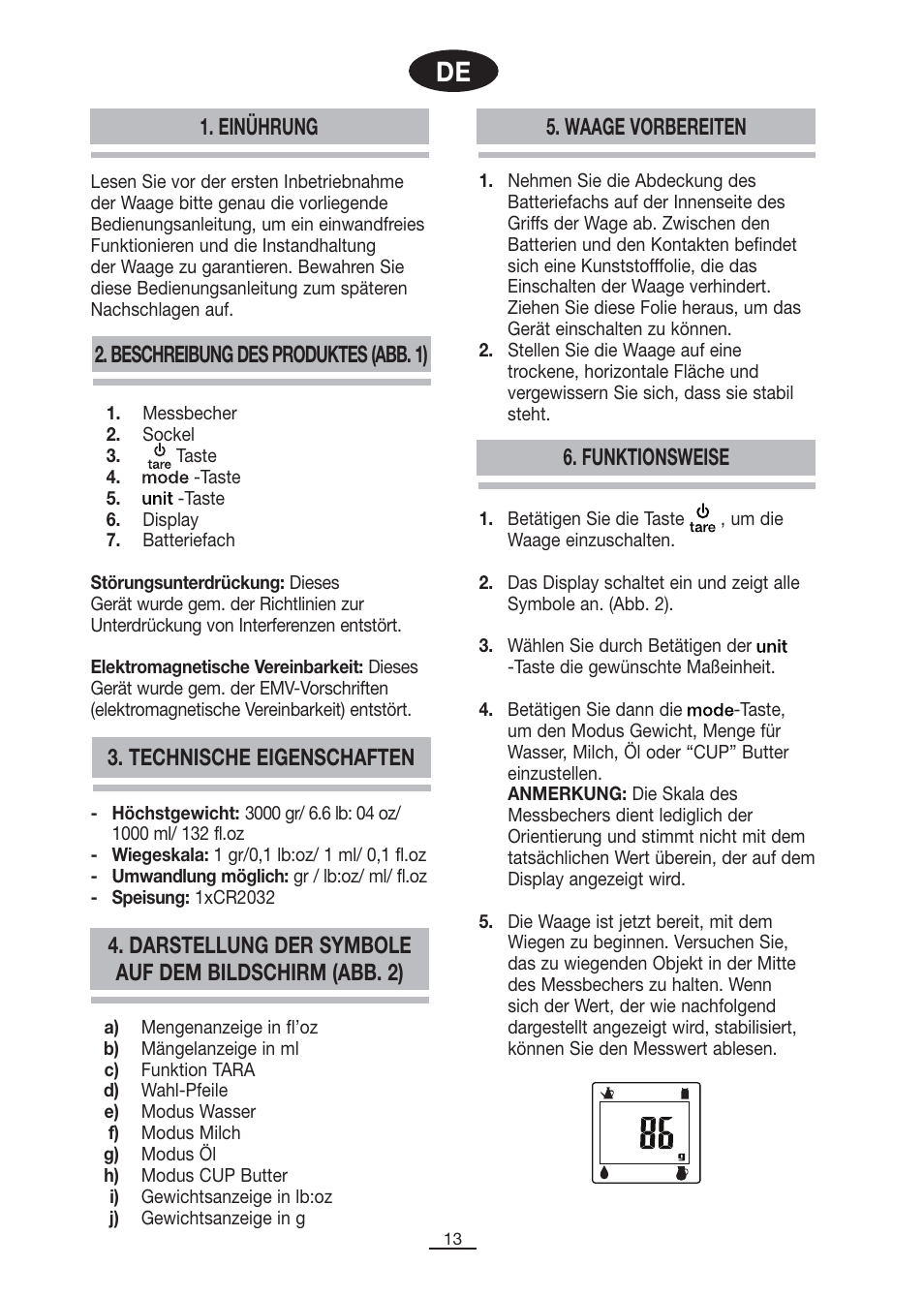 Beschreibung des produktes (abb. 1), Einührung, Waage vorbereiten | Funktionsweise, Technische eigenschaften | Fagor BC-500 User Manual | Page 14 / 48