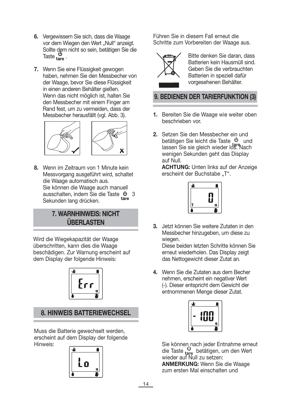 Warnhinweis: nicht überlasten, Hinweis batteriewechsel, Bedienen der tarierfunktion (3) | Fagor BC-500 User Manual | Page 15 / 48