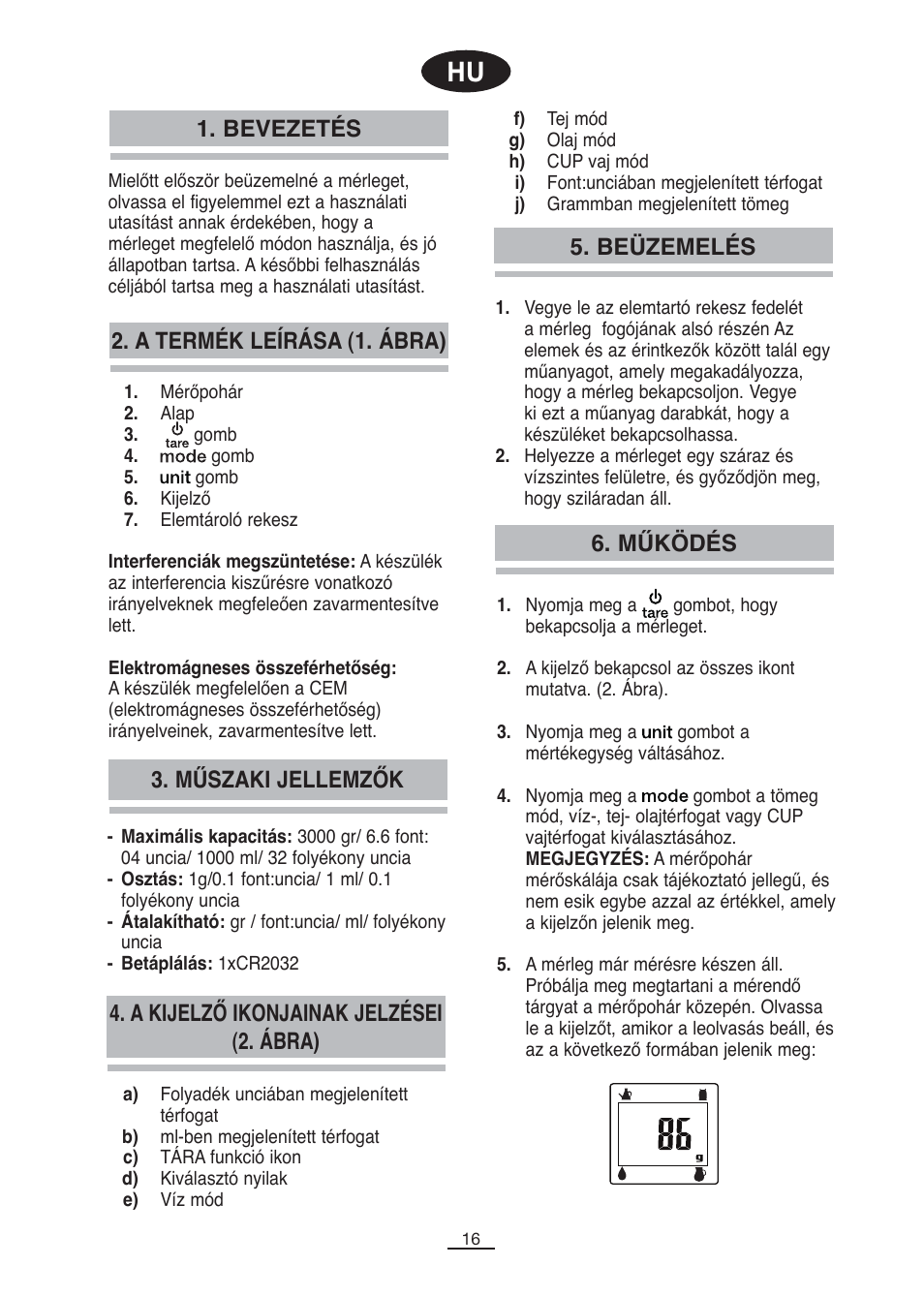 A termék leírása (1. ábra), Bevezetés, Beüzemelés | Működés, Műszaki jellemzők, A kijelző ikonjainak jelzései (2. ábra) | Fagor BC-500 User Manual | Page 17 / 48