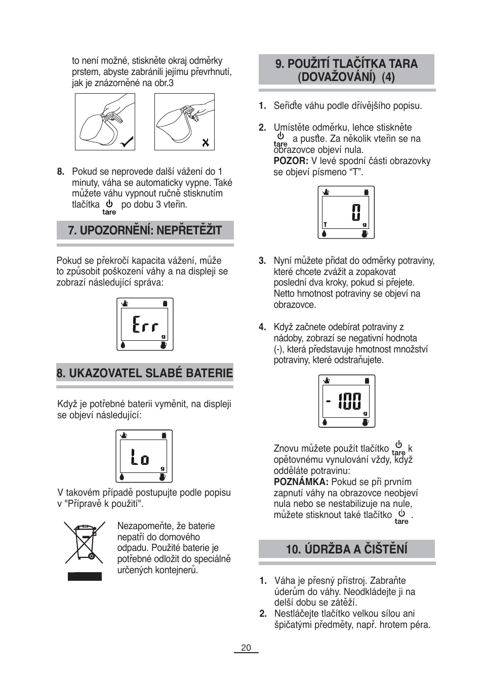 Ukazovatel slabé baterie, Údržba a čištění | Fagor BC-500 User Manual | Page 21 / 48